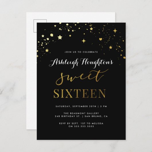 Elegant zwart en gouden ster Confetti Sweet 16 Uitnodiging Briefkaart (Voorkant / Achterkant)
