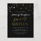 Elegant zwart en gouden ster Confetti Sweet 16 Uitnodiging Briefkaart (Voorkant)