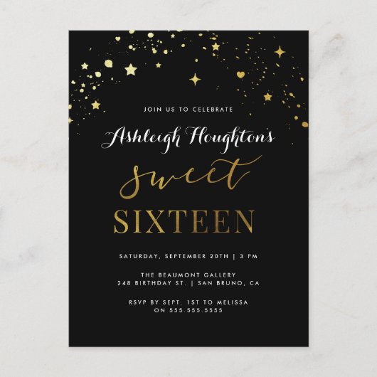 Elegant zwart en gouden ster Confetti Sweet 16 Uitnodiging Briefkaart (Voorkant)