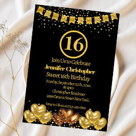 Elegant zwart en gouden Sweet 16 verjaardagsfeest  Kaart
