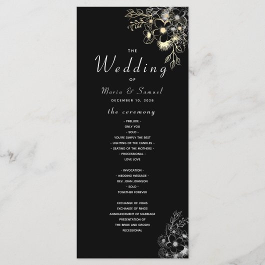 Elegant zwart en gouden trouwprogramma programmakaart (Voorkant)