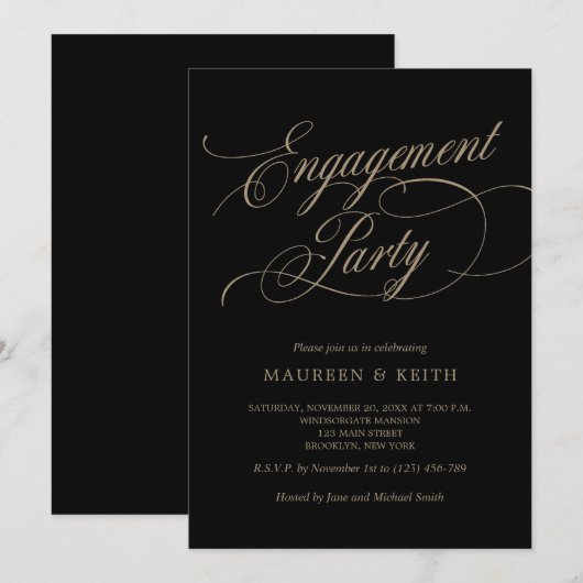 Elegant zwart en gouden verlovingsfeest kaart (Voorkant / Achterkant)