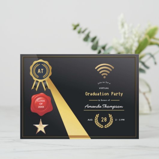 Elegant zwart en gouden virtueel afstudeerfeest kaart (Staand voorkant)