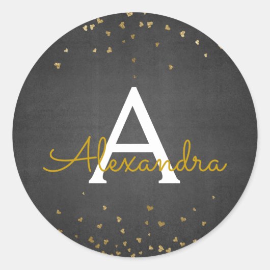 Elegant zwart en goudfolie Confetti Monogram Ronde Sticker (Voorkant)