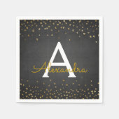 Elegant zwart en goudfolie Confetti Monogram Servet (Voorkant)