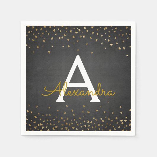 Elegant zwart en goudfolie Confetti Monogram Servet (Voorkant)