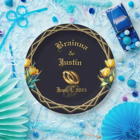 Elegant zwart en goudgeel Tulpen Papier Bord (Feest)