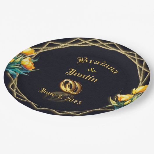 Elegant zwart en goudgeel Tulpen Papier Bord (Gekanteld)