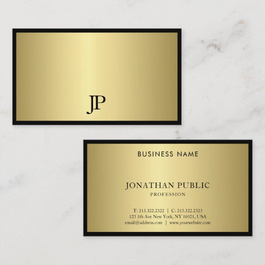 Elegant zwart en goudmonogram dunne glans visitekaartje (Voorkant / Achterkant)