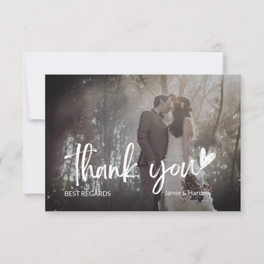 Elegant zwart en grijs 2 fotoscript bruiloft bedankkaart (Voorkant)