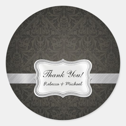 Elegant Zwart en Grijs Damask Dank u Ronde Sticker (Voorkant)