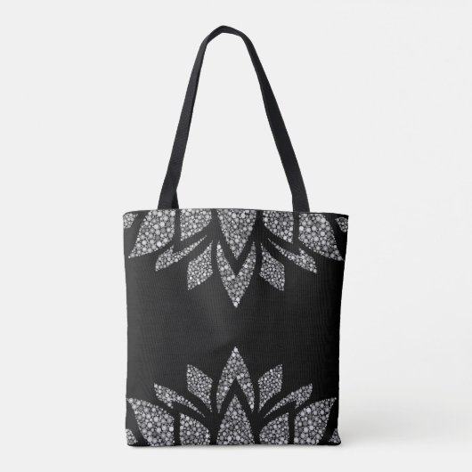 Elegant zwart en grijs gedrukt lotuspatroon tote bag (Achterkant)