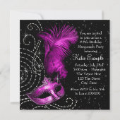 Elegant zwart en heet roze gemaskerd bal kaart (Achterkant)