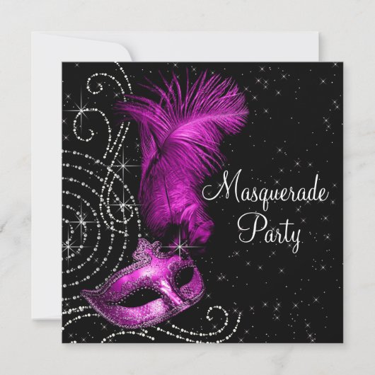 Elegant zwart en heet roze gemaskerd bal kaart (Voorkant)
