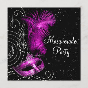 Elegant zwart en heet roze gemaskerd bal kaart