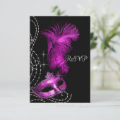 Elegant zwart en hot roze Masquerade Party RSVP (Staand voorkant)