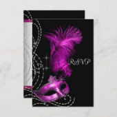 Elegant zwart en hot roze Masquerade Party RSVP (Voorkant / Achterkant)