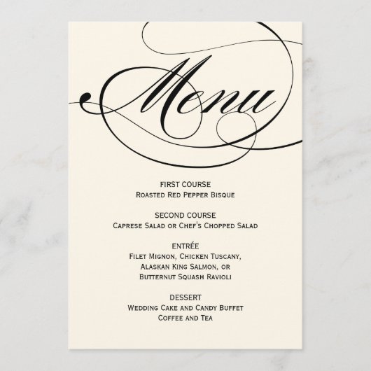 Elegant Zwart en Ivoor Kalligrafie Script Bruiloft Menu (Voorkant)