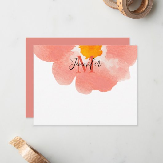 Elegant zwart en koraal Waterverf Flower Monogram Notitiekaartje (Voorkant / Achterkant in situ)