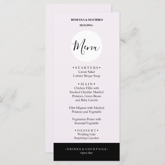 Elegant zwart en Lila minimalistisch Menu (Voorkant / Achterkant)