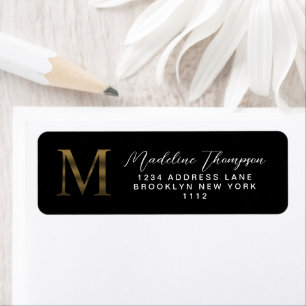 Elegant zwart en metallic goud monogram adres etiket