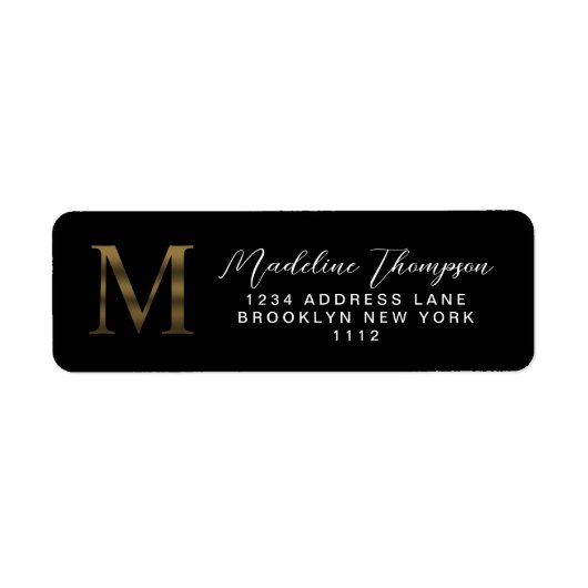 Elegant zwart en metallic goud monogram adres etiket (Voorkant)