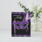 Elegant zwart en paars gemaskerd bal kaart (Staand voorkant)