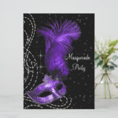 Elegant zwart en paars gemaskerd bal kaart (Staand voorkant)