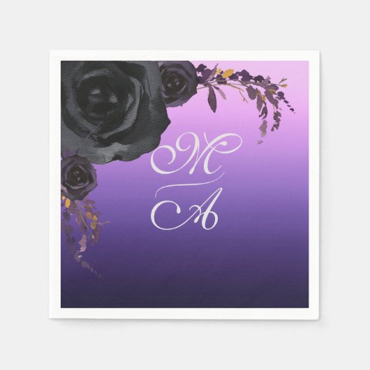 Elegant Zwart en Paarse Bloemen Monogram Bruiloft Servet (Voorkant)