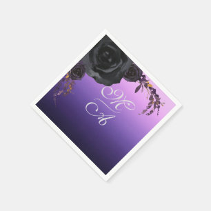 Elegant Zwart en Paarse Bloemen Monogram Bruiloft Servet