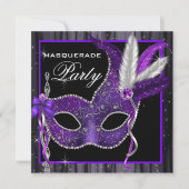 Elegant zwart en Paarse Masquerade Party Kaart (Voorkant)