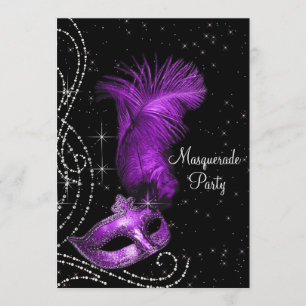 Elegant zwart en Paarse Masquerade Party Kaart