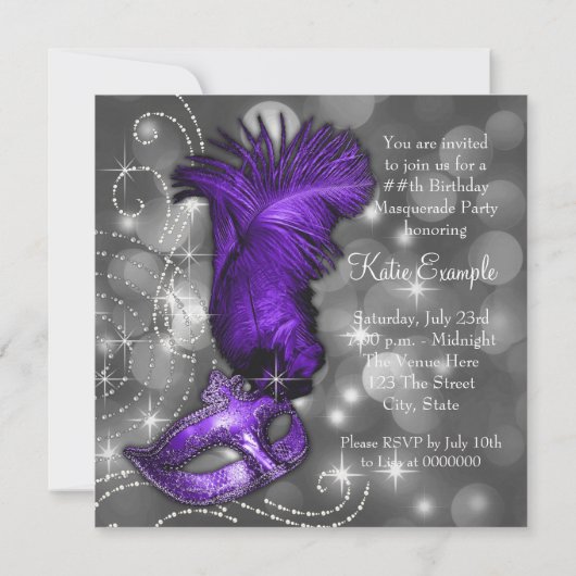 Elegant zwart en Paarse Masquerade Party Kaart (Achterkant)