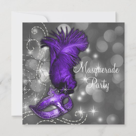 Elegant zwart en Paarse Masquerade Party Kaart (Voorkant)