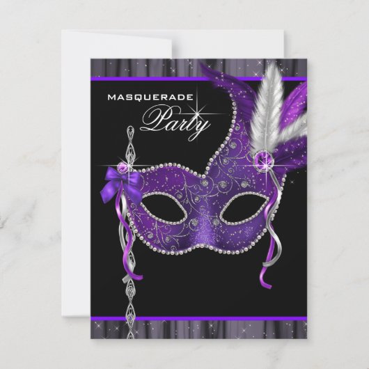 Elegant zwart en Paarse Masquerade Party Kaart (Voorkant)