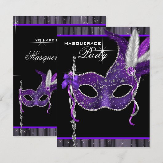 Elegant zwart en Paarse Masquerade Party Kaart (Voorkant / Achterkant)