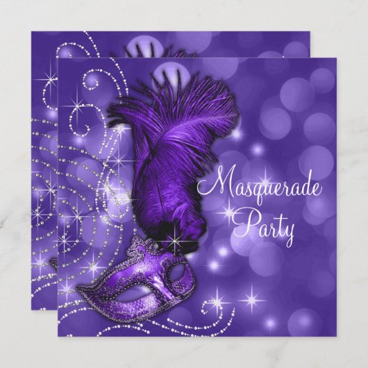 Elegant zwart en Paarse Masquerade Party Kaart (Voorkant / Achterkant)