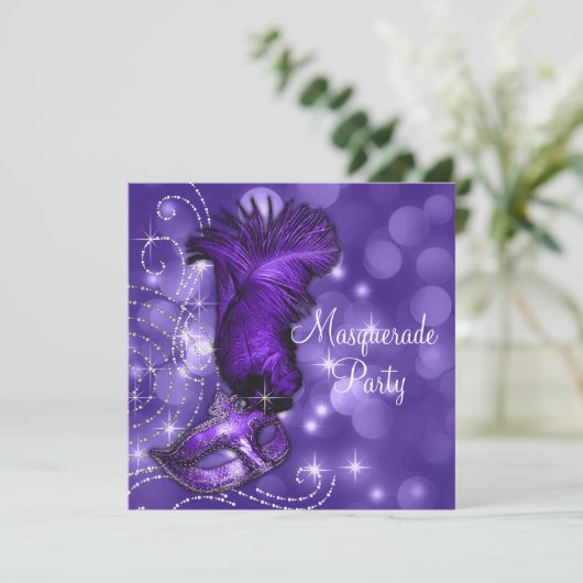 Elegant zwart en Paarse Masquerade Party Kaart (Staand voorkant)