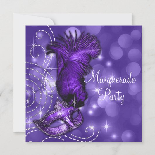 Elegant zwart en Paarse Masquerade Party Kaart (Voorkant)