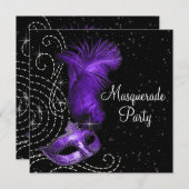 Elegant zwart en Paarse Masquerade Party Kaart (Voorkant / Achterkant)