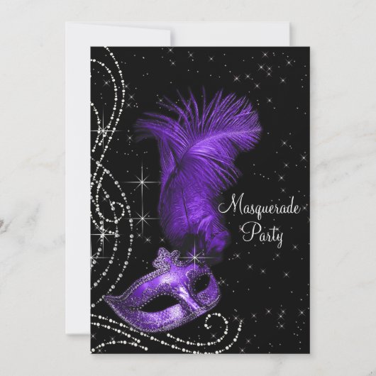 Elegant zwart en Paarse Masquerade Party Kaart (Voorkant)