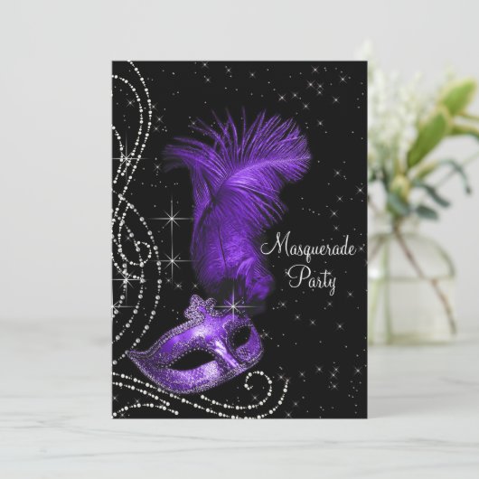 Elegant zwart en Paarse Masquerade Party Kaart (Staand voorkant)