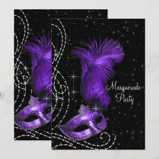 Elegant zwart en Paarse Masquerade Party Kaart (Voorkant / Achterkant)