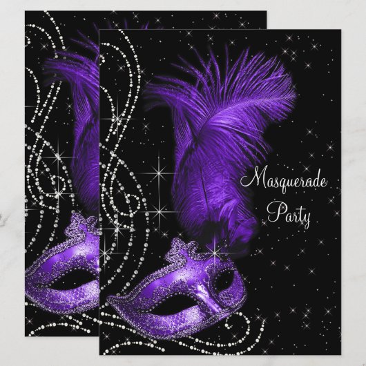 Elegant zwart en Paarse Masquerade Party Kaart (Voorkant / Achterkant)