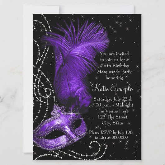 Elegant zwart en Paarse Masquerade Party Kaart (Achterkant)