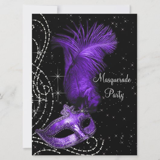 Elegant zwart en Paarse Masquerade Party Kaart (Voorkant)