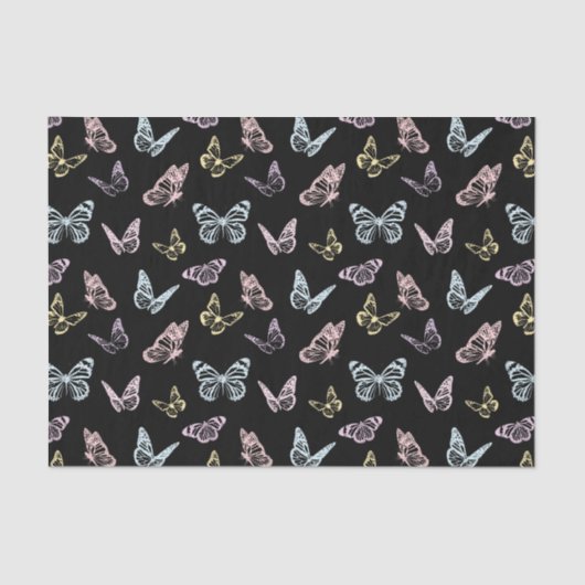 Elegant zwart en pastel regenboog vlinderpatroon tissuepapier (Voorkant)