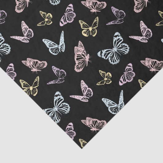 Elegant zwart en pastel regenboog vlinderpatroon tissuepapier (Detail)