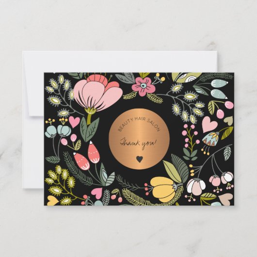 Elegant zwart en pastelroze bloemenbedrijf bedankkaart (Voorkant)
