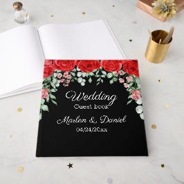Elegant zwart en rood bloemen bruiloft gastenboek